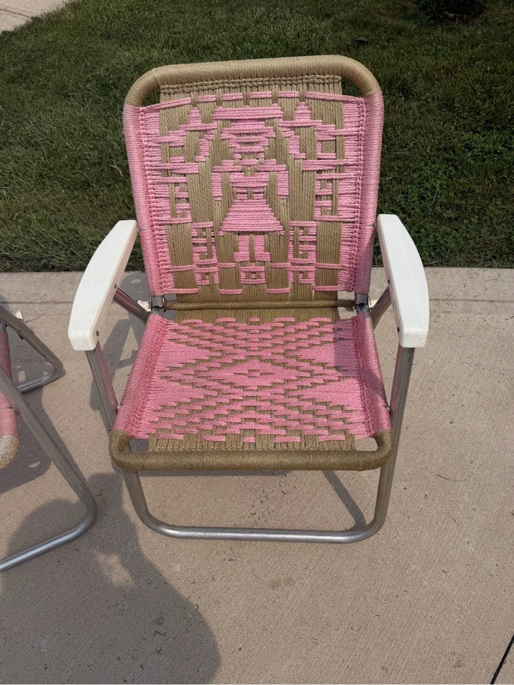 Vintage 1960s 70s Woven Aluminum Folding Lawn Chairs Pink Heart Pair  of Macrame